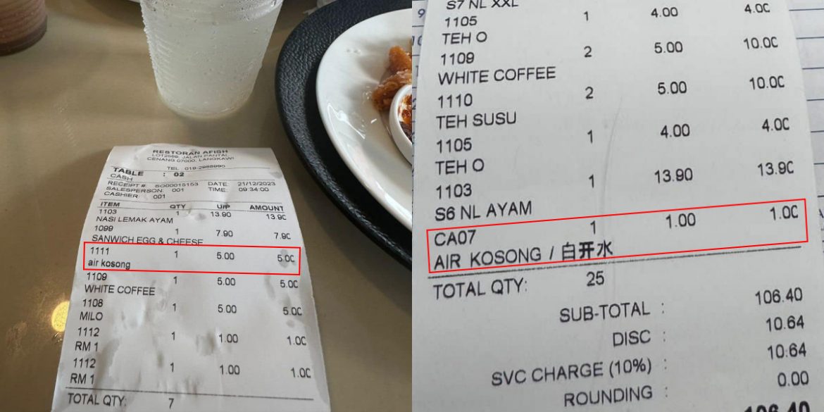 Pelanggan Kena Caj Air Kosong RM5, Pihak Restoran Mohon Maaf Atas Kecuaian Pekerja
