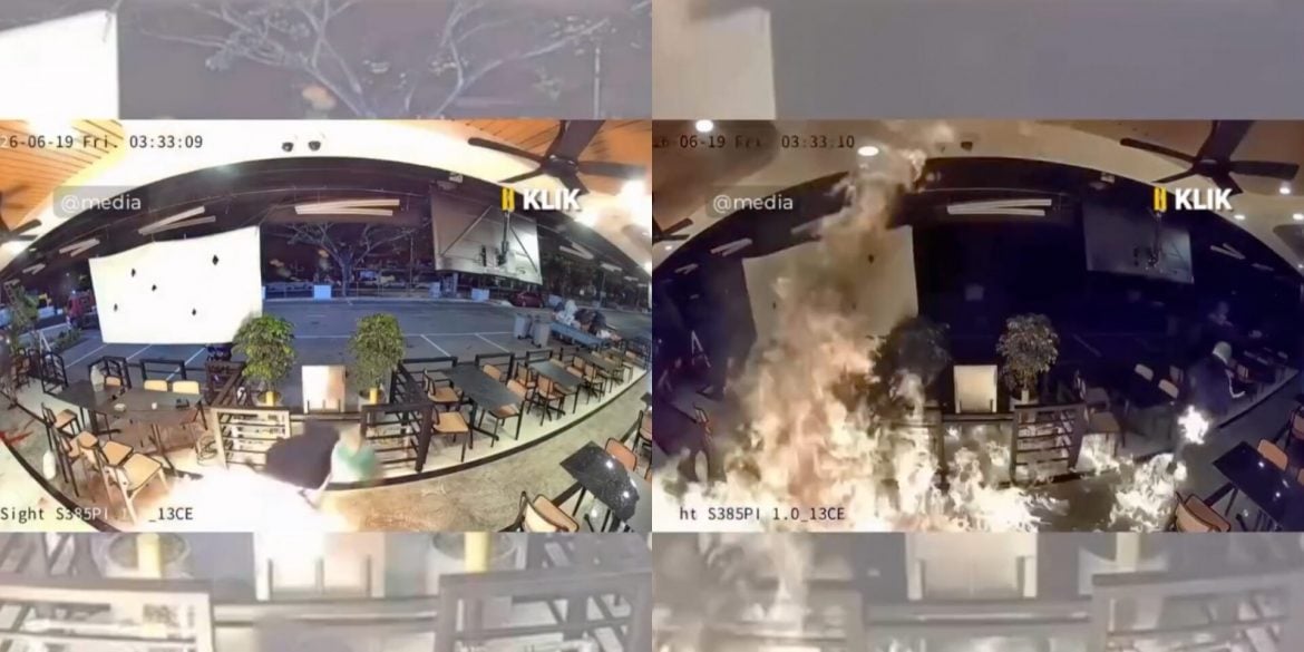 Padah Bakar Kedai Di Bandar Dato Onn, Kaki Lelaki Disambar Api Sendiri Terakam CCTV